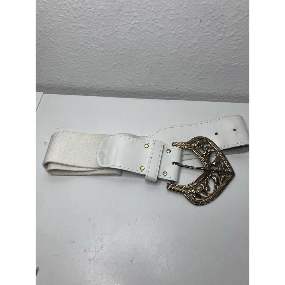 Coastal Cowgirl White Faux Leather Stretchy Belt L Chunky Gold Filagree Buckle‎